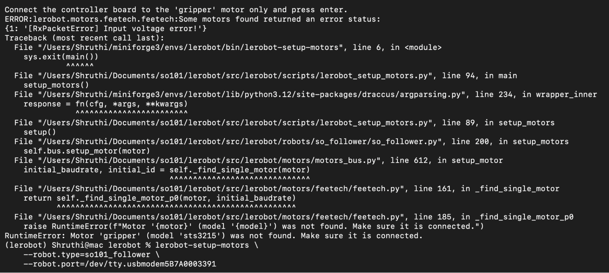 Voltage error during leader arm setup