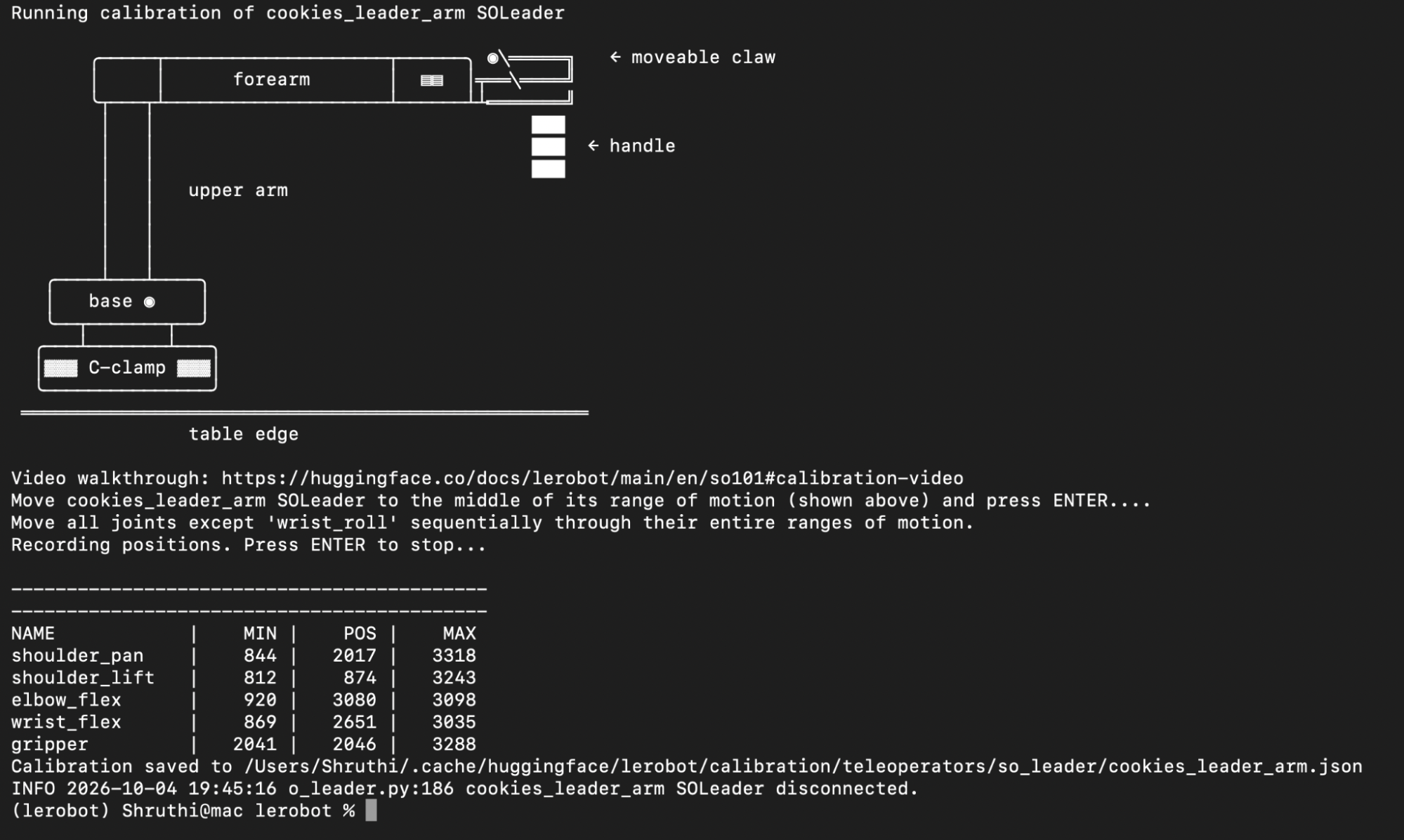 Leader arm calibration output